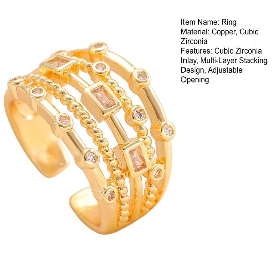 Women Ring Sparkling Geometric Cubic Zirconia Inlaid Adjustable Opening Multi-Layer Stacking Design
