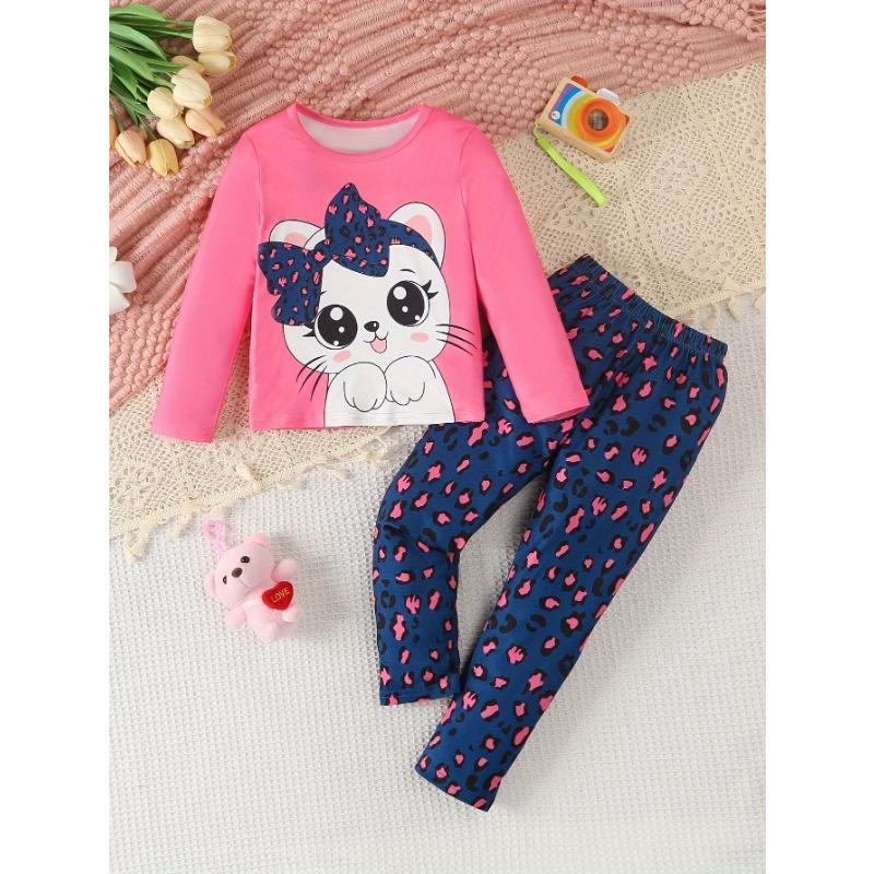Long-Sleeve And Long-Pants Outfit for Girls | Cute Cat Design T-Shirt And Leopard Print Pants | Soft And Comfortable Set Suitable for Outdoor Wear