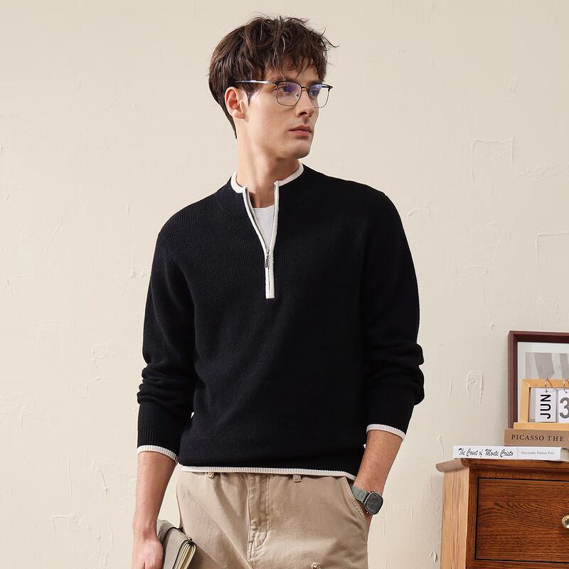 Commando Boca Herren Wollpullover mit halbem Reißverschluss und Farbblockmuster