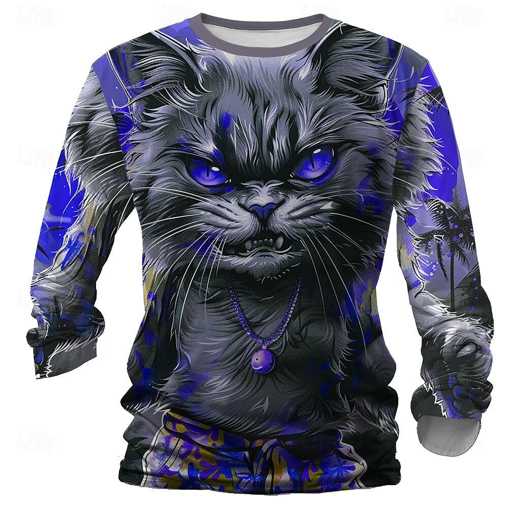 3D Print Cats Graphic Men's T-Shirts Fashion Creative Design Long Sleeve Round Neck Pullover Tops Autumn Casual Comfortable Tees