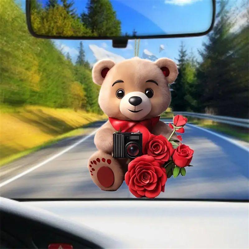 Cartoon Cute Style Bear Rose Christmas Tree Acrylic Car Decoration For Festive Cheer