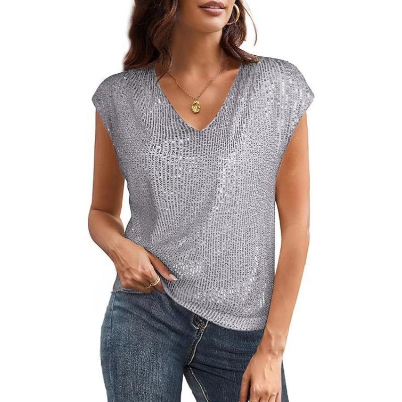 Women V Neck Sequined Shiny Sleeveless Party Shirt Top