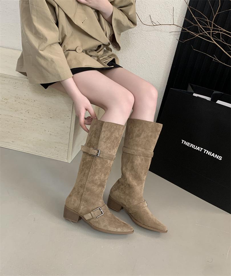 2025 Herbst und Winter neue matte quadratische Zehenpartie dicker Absatz Stiefel Damen Gürtelschnalle Samt hohe Ritterstiefel