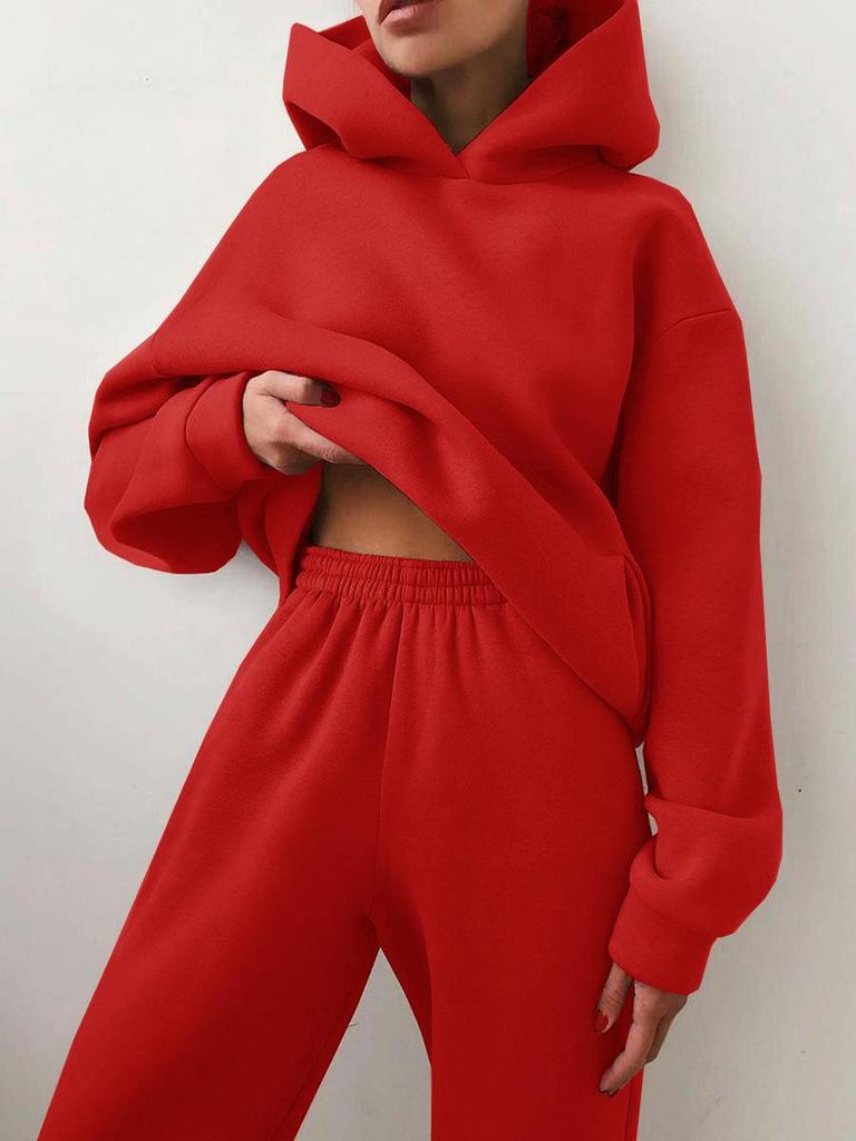 Women’s Fleece Lined Hooded Sweatshirt Set, Long Sleeve Warm Pullover Top and Casual Pants, Loose Fit Autumn Winter Tracksuit