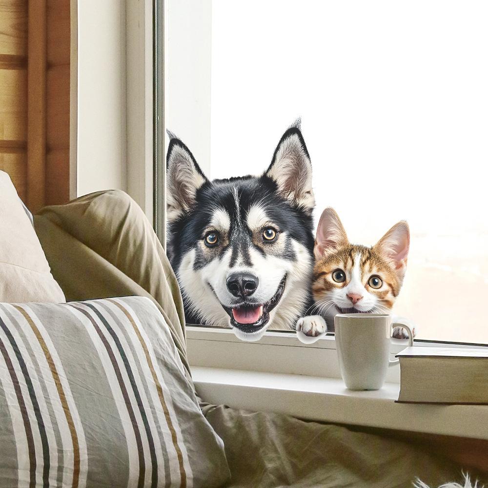 Samolepka s umělým zvířetem husky kotě vykukující sklo