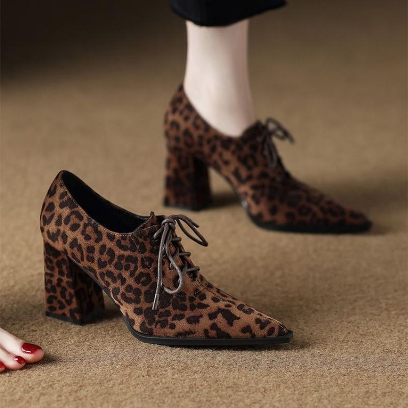 2025 New Retro Women High Heels Pointed Toe Shoes Ladies Lace-Up Work Dress Spikes Spring Office Block Shoes