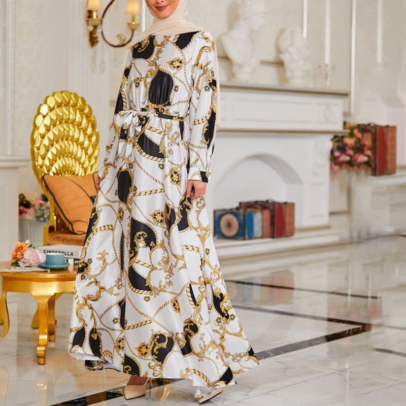 Floral Printting Ramadan Muslim Dress Abayas Lace Up O-Neck Dubai Turkey Islam Clothing Kaftan Robe for Womens Girls