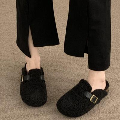 2024 Fashion New Plush Women's Shoes Baotou Low-top Warm Slippers Basic Roman Style Flat Bottom Solid Color Cotton Slippers