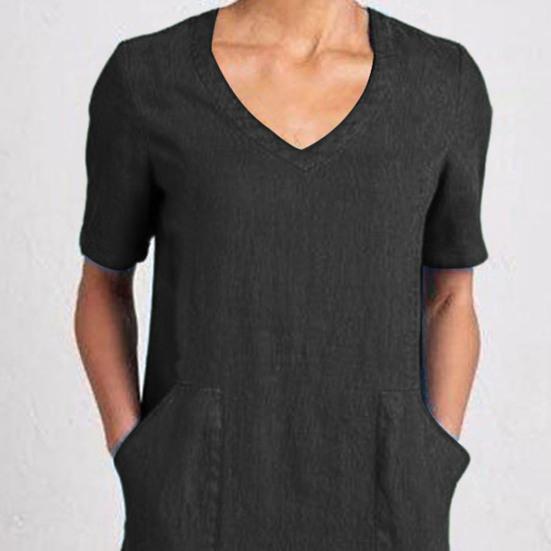 Women's Cotton Linen Shirt Dress Summer Short Sleeve V Neck Midi Dress Casual Shift Dress with Pockets