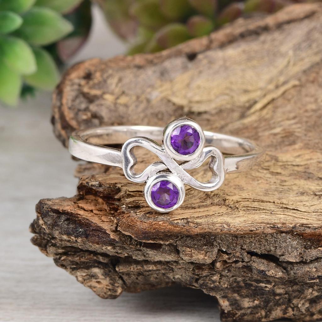 Natural Amethyst Double Stone Ring  | 925 Sterling Silver Minimalist Ring | February Birthstone Ring | Dainty Gemstone Ring | Gift for Her