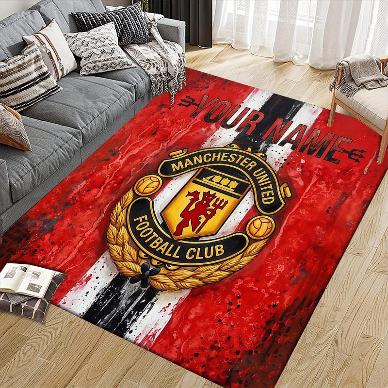 Custom Name Manchester United Flannel Pattern Square Carpet,Area Rug,Carpet Rug for Living Room Bedroom Sofa Playroom Decor,Non-slip Floor Mat