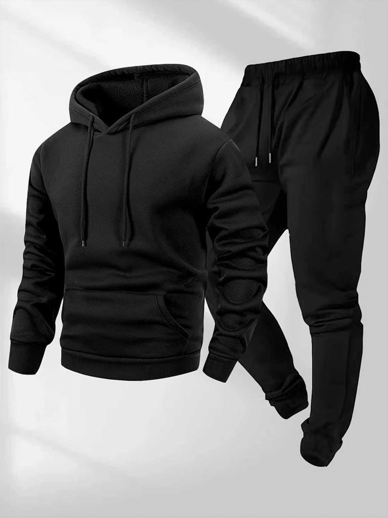 250g Men's Trendy Sports Hoodie & Sweatpants Set - Plain Color