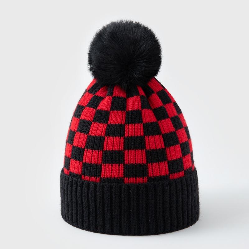 Plaid Knitted Pullover Hat With Fleece Lining Ear Flap Warm Winter Autumn Hat