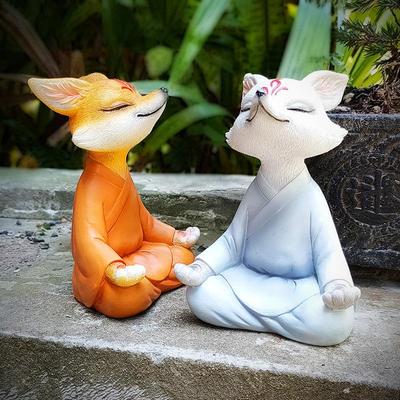 "Zen White Fox Succulent Bonsai: Meditating Fox Ornament for Garden, Balcony, or Car Decor"