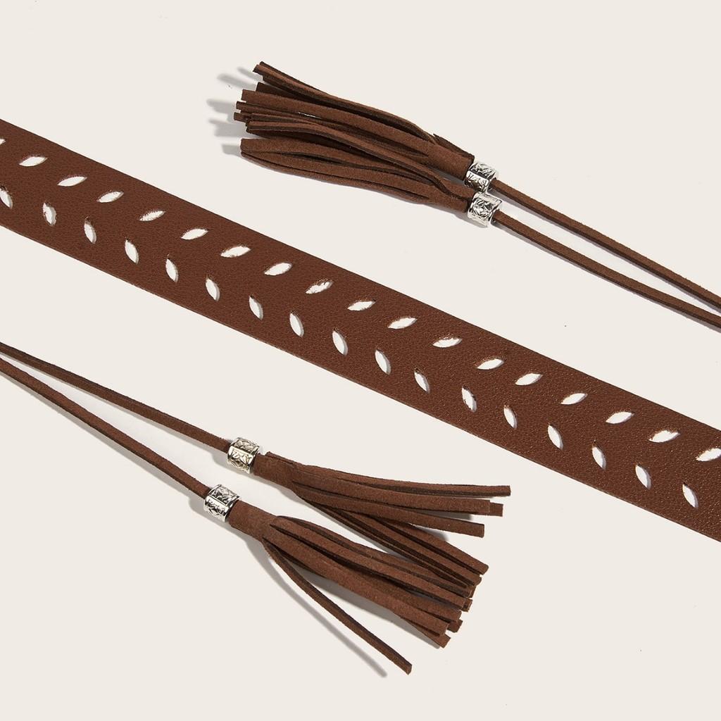 Vintage Street Style Pu Leather Belt For Women With Tassel And Metal Buckle