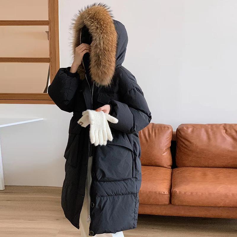 

Fashion raccoon fur collar long down jacket women s 2025 winter big pocket warm waist over knee tooling jacket M