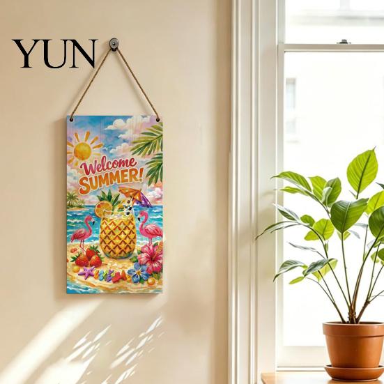 Refresh Home Decor Summer Wooden Hanging Sign, Welcome Sign Front Door with Farmhouse Wall Art Rope, Colorful Hanger for Seasonal Beach House