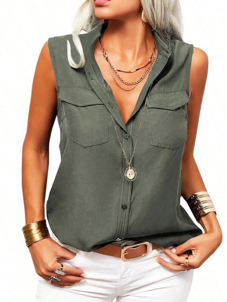 Women's Sleeveless Lapel Tank Blouse Solid Button Front Summer Shirt for Office and Casual