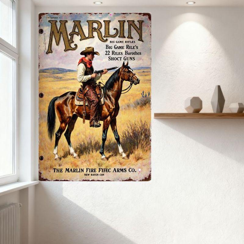 Vintage Marlin Firearms Metal Sign Western Cowboy Horse Rifle Art Wall Decor for Man Cave Bar Shop