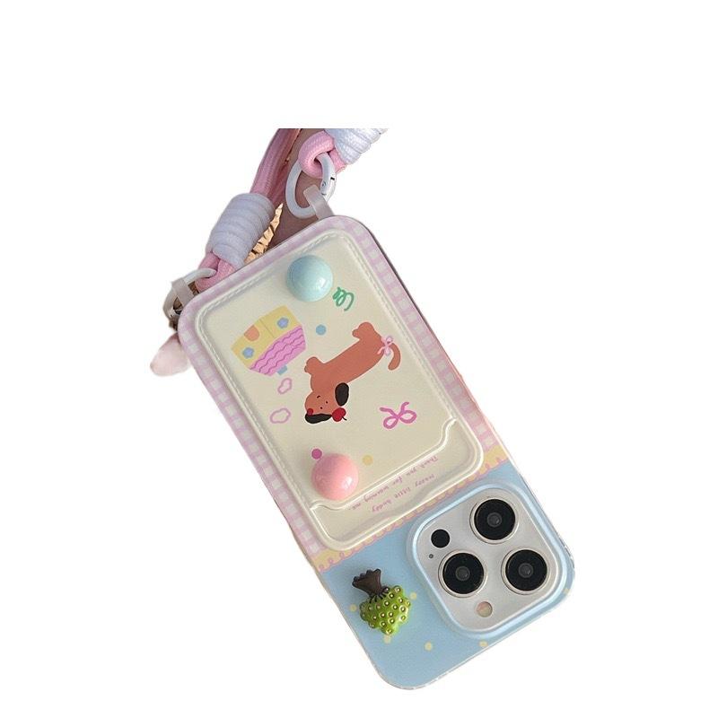 Suitable for Iphone16pro Puppy Cartoon Phone Case Apple 15 Card Case DIY Lanyard Protective Cover Cool and Trendy
