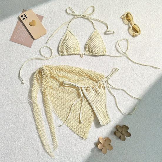 Conjunto de Maiô 3 Peças/Conjunto Halter Almofadas no Peito Sutiã Sem Aro Calcinha de Natação Saia Cover Up Conjunto Biquíni Cortado Maiô de Rede