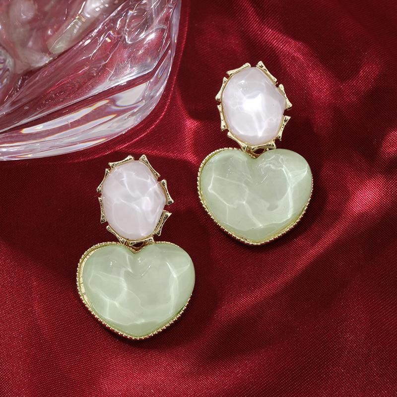 Autumn and Winter Blue Color-Block Water Ripple Heart Vintage Geometric Peach Heart Unique Light Luxury Design Earrings