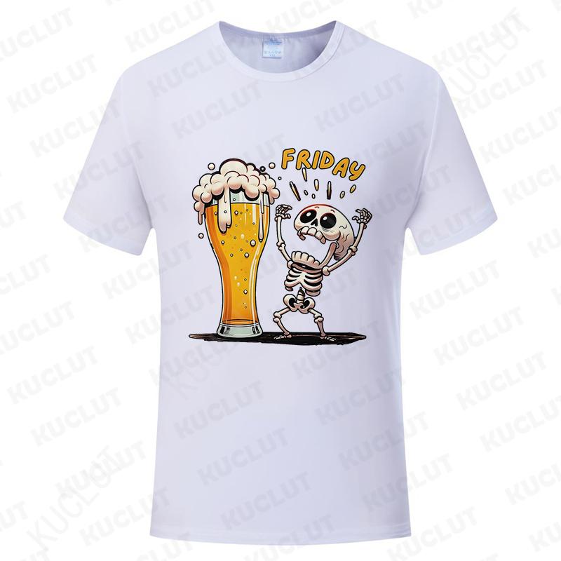 Fashion Men's T Shirt Skeleton Enjoying FRIDAY Beer Day Tees Funny Finally Friday for Drink Lover Male Clothes Short Sleeve Tops