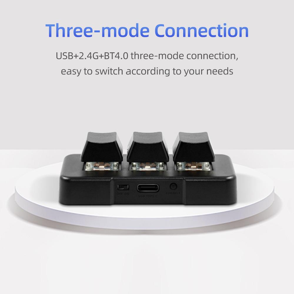 MK321-Pro 3-tangents Mini Anpassningsbart Tangentbord med Mekanisk Blå Brytare USB+2.4G+BT Anslutning för
