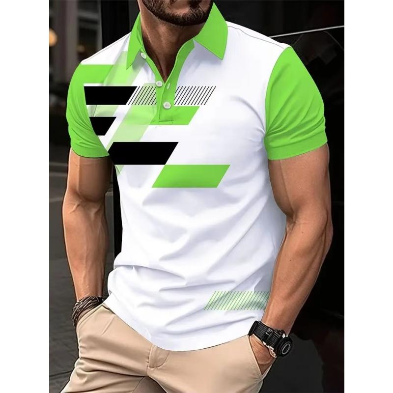 3D Printed Colorful Geometry Polo Shirt For Men Color Block Graphics Short Sleeves T-shirt Casual Button Tops Loose POLO Shirts