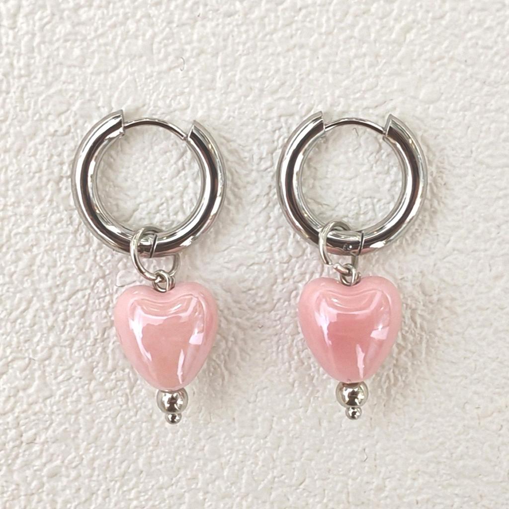 Stylish Elegant Sweet Biue Ceramic Heart Shape Pendant Earrings for Women Stainless Steel Double Ring Ear Cuffs Charm Jewelry