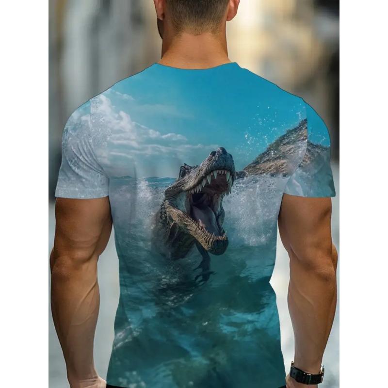 Men's 3D Dinosaur Printed T-shirt Casual Short Sleeved Round Neck Breathable Polyester Fabric Summer Style