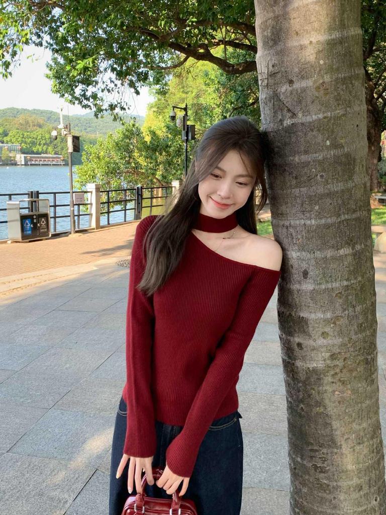 Women's Asymmetric Off-the-Shoulder Knit Halter Top - High-End French Irregular Sweater for Autumn 2026
