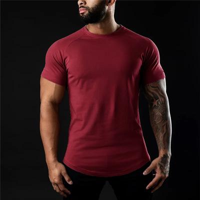 T-shirt de sport uni pour homme, vêtement de fitness d'été, col rond, manches courtes, en coton, coupe slim, pour musculation et entraînement