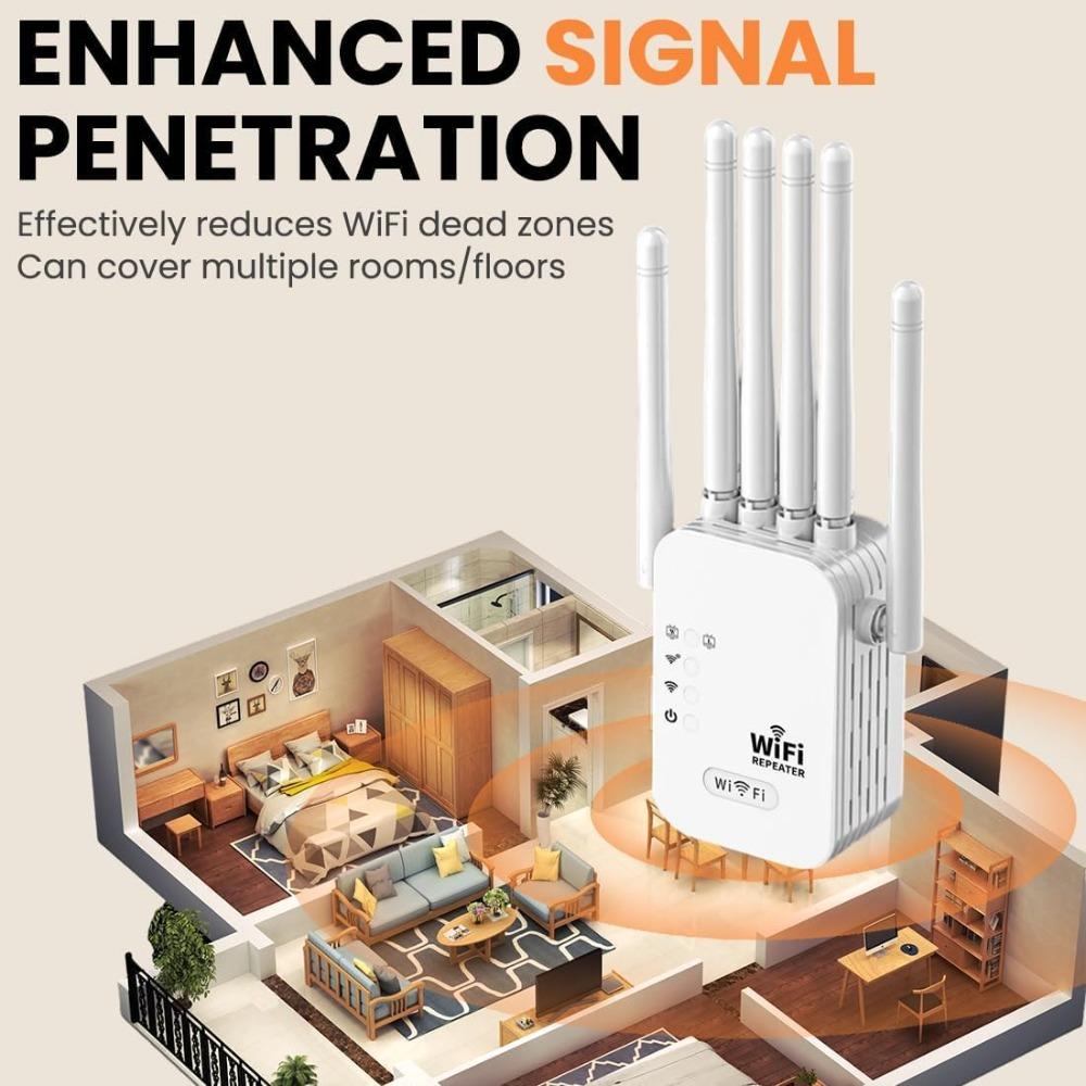 WiFi Extender 2025 6-Antenna Strong Signal, WiFi Repeater, 300/1200Mbps Dual Band (5GHz/2.4GHz) Booster