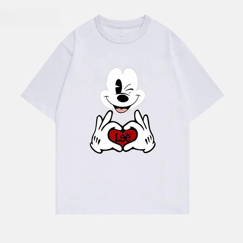 MINISO 2025 New Creative Black and White Mickey Print Women Men Couple Tshirt Casual Loose Y2K Round Neck Womens Top