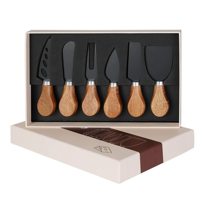 

Набор сырных инструментов из 6 предметов в цветной коробке с ручками из ореха, нож в западном стиле, вилка, скребок для масла, нож для сыра из нержавеющей стали чёрный