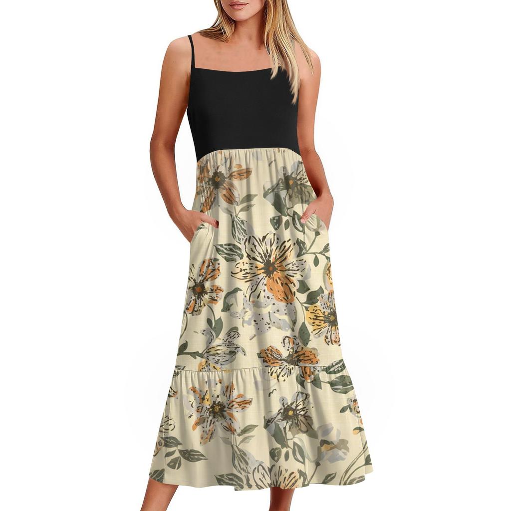 Women's Long Beach Casual Elegant Spaghetti Strap Maxi Dress Floral Low-key Flowing Bohemian Dress