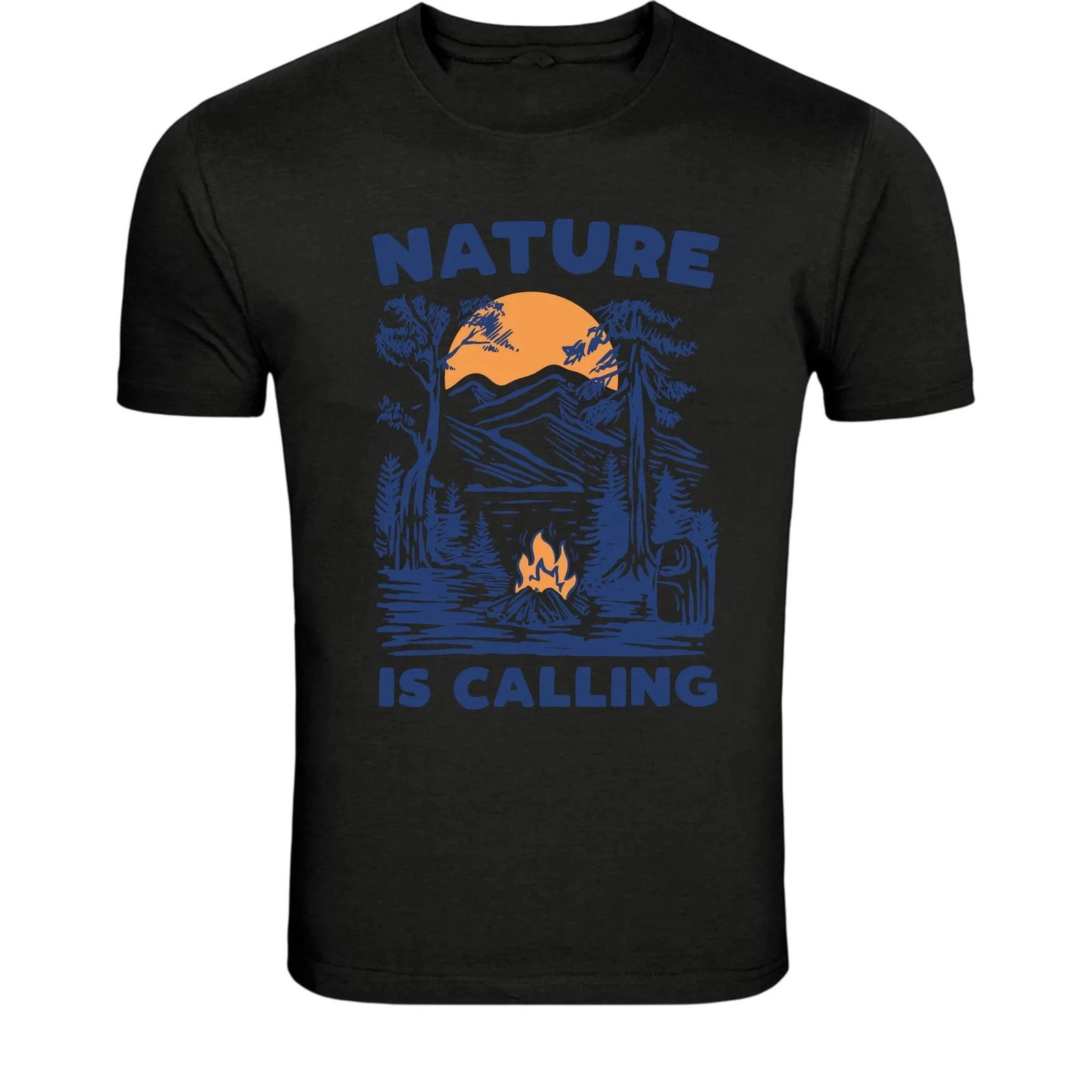 Nature Is Calling Camping Campfire T-Shirt - Mountain Forest XL