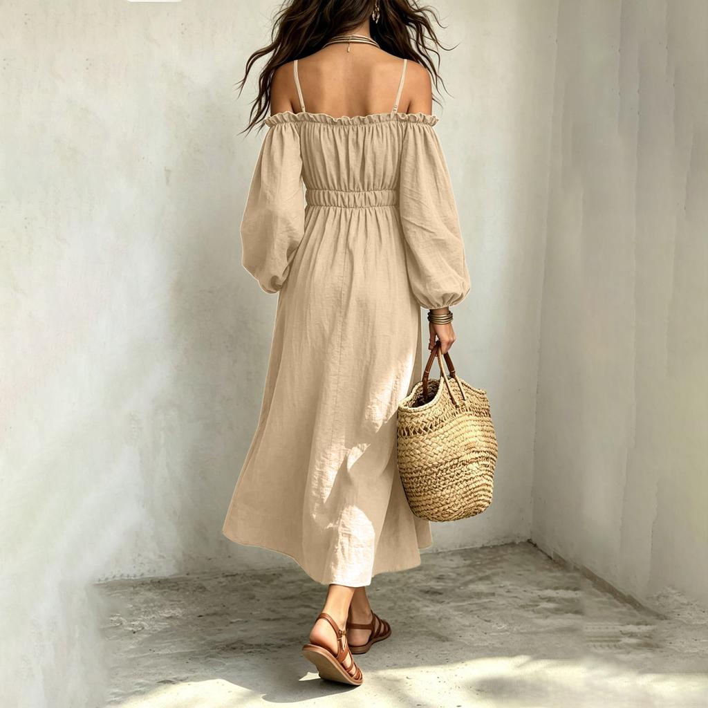 Women's Cotton Linen Off Shoulder Spaghetti Strap Ruffled Maxi Dress Loose Fit Vacation