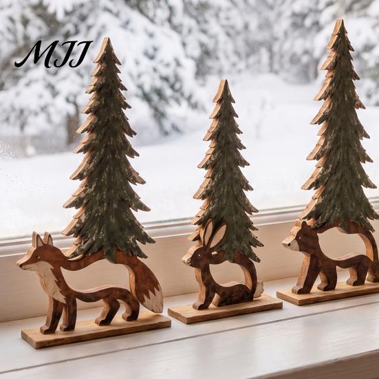 Creative Gift for Friends And Family 4Pcs Wooden Animal and Pine Ornaments, Fox Rabbit Bear Hedgehog Rustic Forest Theme Decorations Figurine,