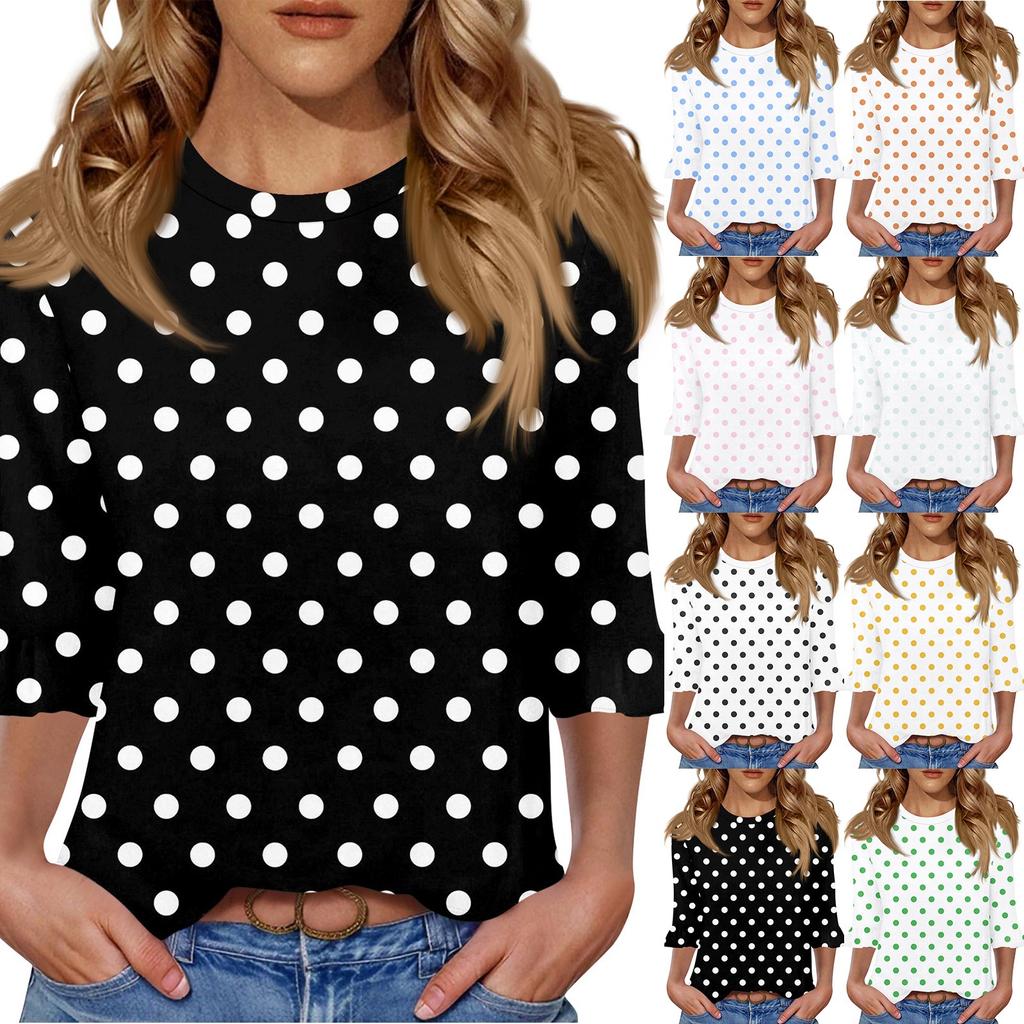 Women's Casual 3/4 Sleeve Top Summer O-neck Puffy Sleeve T-shirt Top