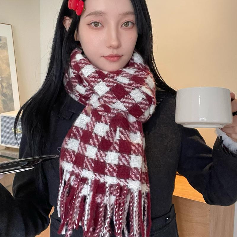 Women's Red Plaid Cashmere-Like Scarf Shawl - Warm, Versatile, Fashionable for Autumn and Winter