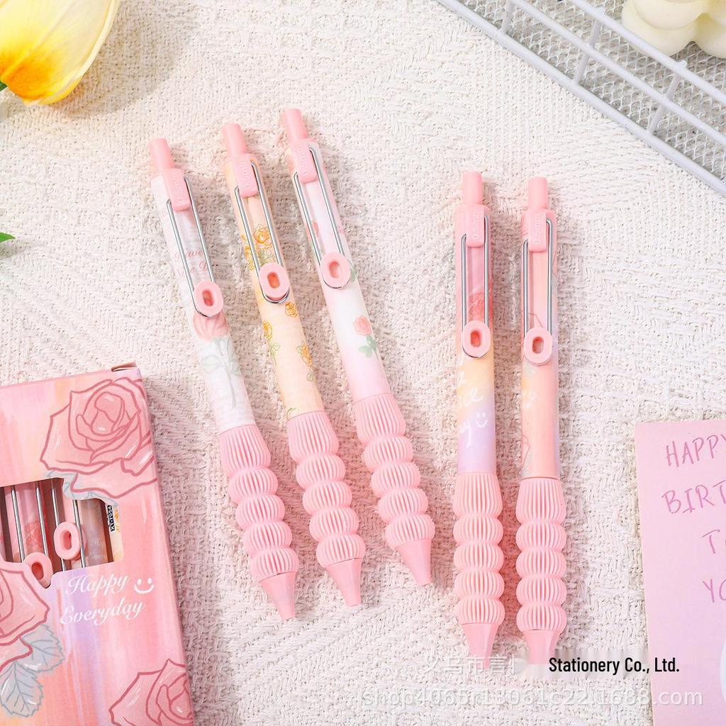 Stahlklammer Rosa Rose Schnelltrocknender Prüfungsstift - Weicher Griff Schwarzer Druckknopf Neutraler Stift