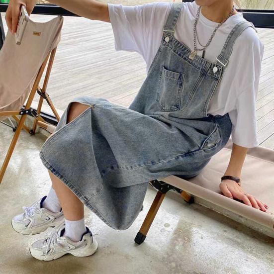 Robe en jean à bretelles sans col, ample, dos nu, sans manches, poches latérales, ourlet fendu, couleur unie, bandoulière réglable, robe mi-longue pour étudiante