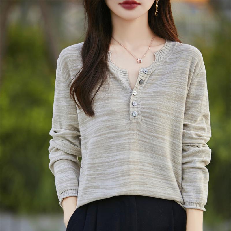 Women's Pure Cotton V-Neck Knitwear: Autumn/Winter Loose Casual Base Layer Sweater