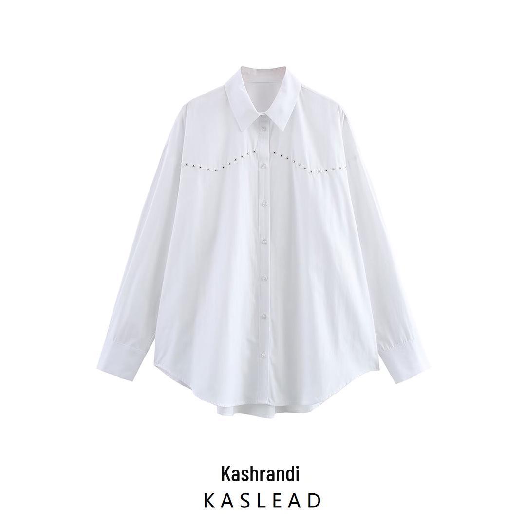 

Spring 2025 Women s Fashion: Rivet-Embellished Poplin Long Sleeve Shirt Large