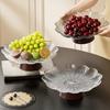 Klar Fruktskål med Träbas Modern Serveringsbricka för Vardagsrumsbord Kaffebord Kök Bladhammare Mönster Snacksbricka