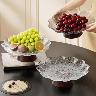 Duidelijke Fruitschaal met Houten Basis Moderne Serveerschaal voor Woonkamer Salontafel Keuken Bloemblaadjes Hamerpatroon Snackschotel