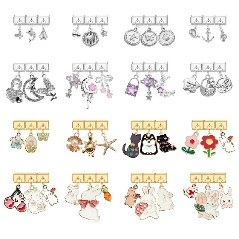 3PCS Brilliant Butterfly Dog Rabbit Shell Tulip Moon Y2K Pendant Charm Links Fit 9mm Stainless Steel Bracelet DIY Making Gift