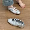 Zapatos Mary Jane plateados de piel vacuna con suela plana para mujer, zapatos de ballet individuales retro de cuero genuino con velcro, zapatos casuales para entrenamiento deportivo